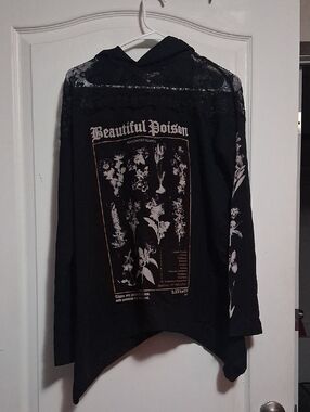 Killstar Black Hooded Long Sleeve Top with White Botanical Print